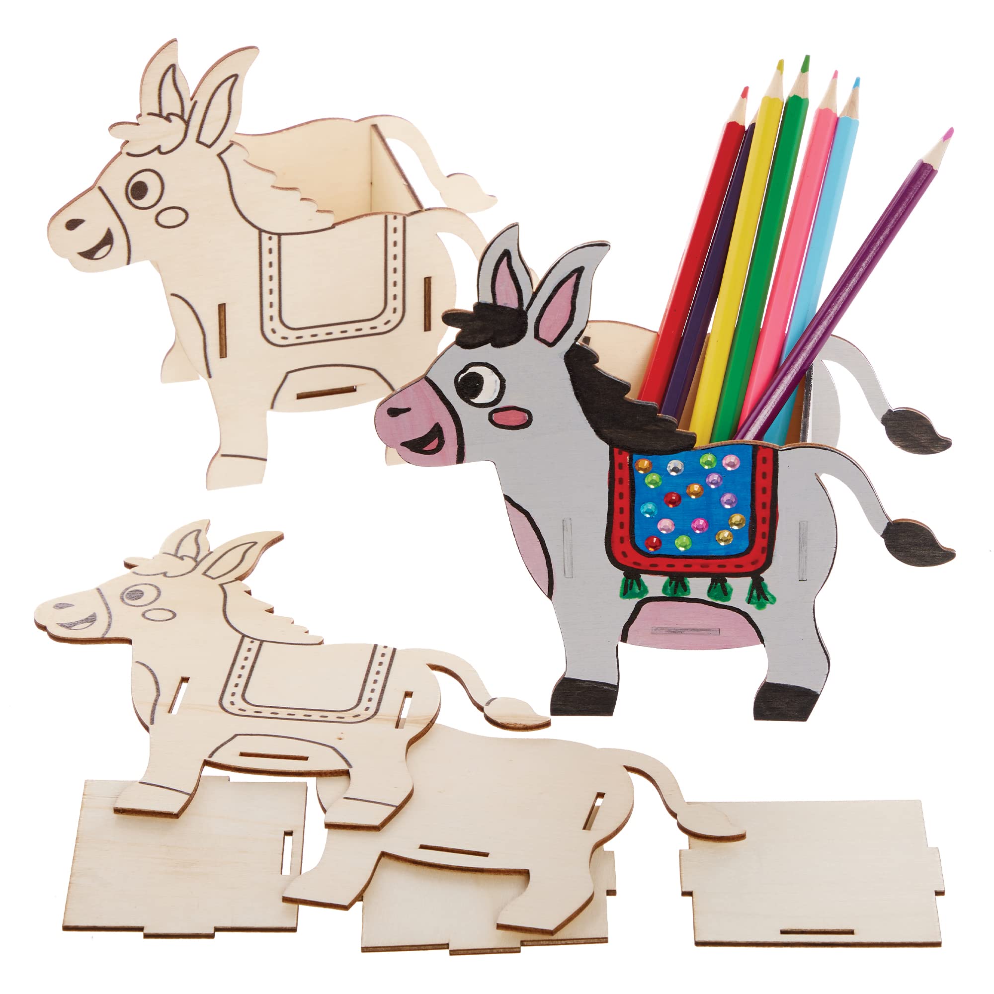 Baker Ross FX567 Donkey Wooden Pen Pot Kits - Pack of 3, Wood Craft Kits for Kids