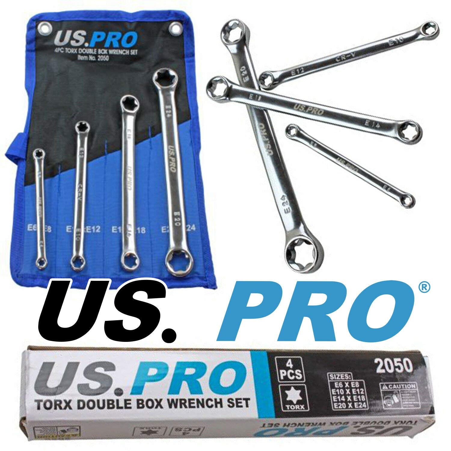 US PRO Tools 4pc Double E-Torx/Female Tox Star Wrench Spanner Set E6 - E24 2050