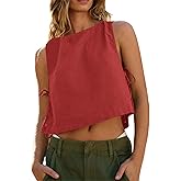 synound Cotton Linen Crop Top for Women Summer Tank Tops Sleeveless Split Tie Side Boxy Cropped Casual Loose Going Out Vest