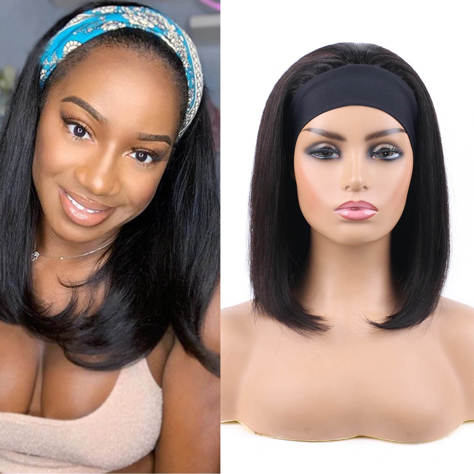 Huarisi 10a Headband Wigs Bob Human Hair 12 Inch Short Straight Headband Bob Wigs Remy Hair Bob Wig Blunt Cut without Bangs None Lace for Black Women Natural Colour — image 1