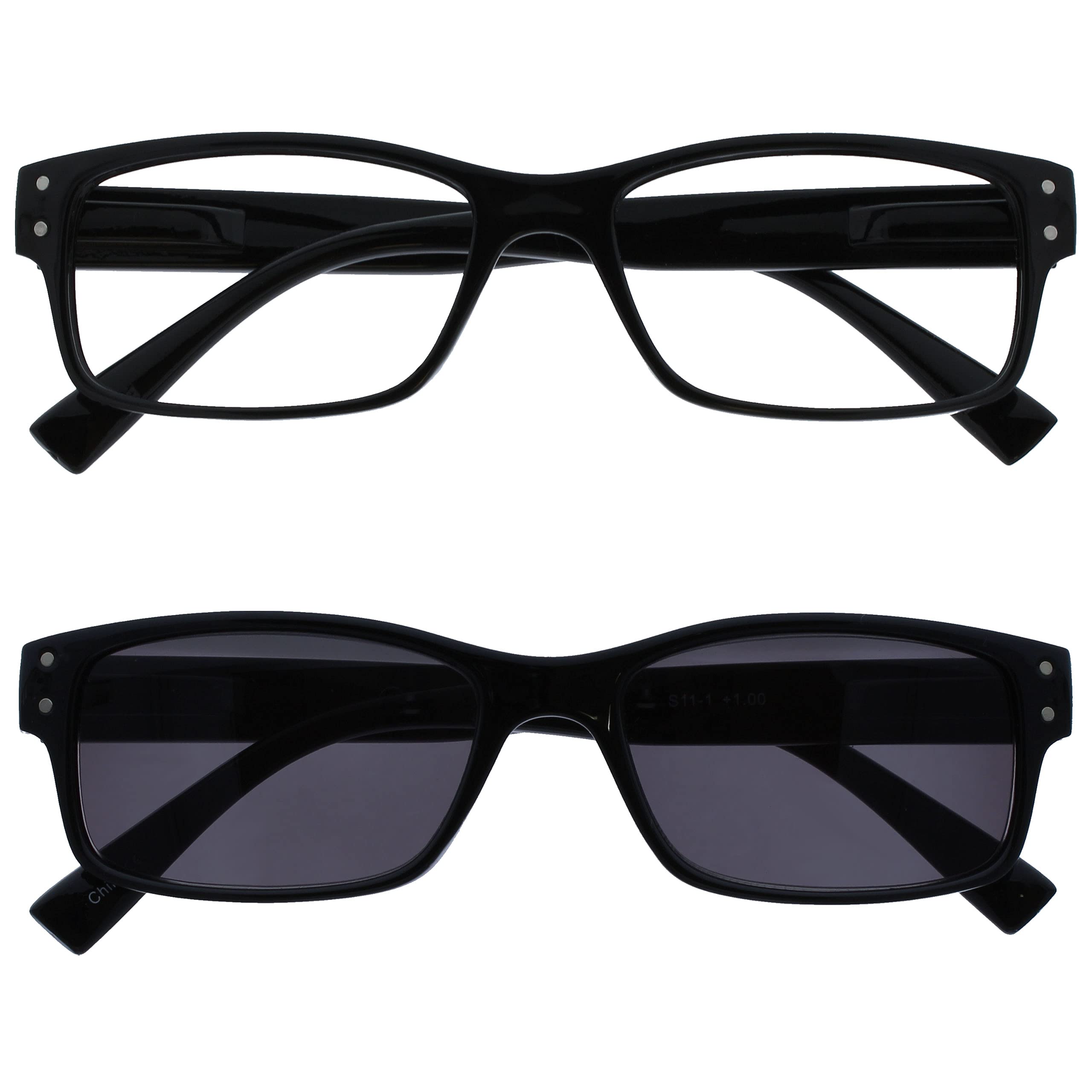 OPULIZE Mens Large Black Readers With Reading Sunglasses Twin Pack Spring Hinges RS11-1 +1.00