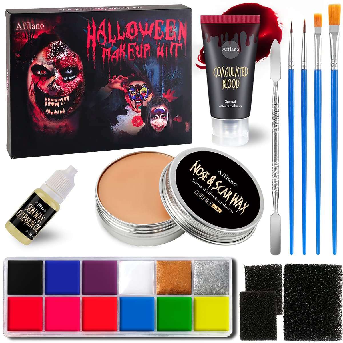 Afflano Special Effects Stage Halloween Makeup Set, SFX Theatrica Makeup Kit, Neon Glow Face Body Paint+Scar Wax+Fake Blood+Sponge+Spatula+Oil, Zombie Festival Wound Scar Wax Bruise Cosplay FX Makeup