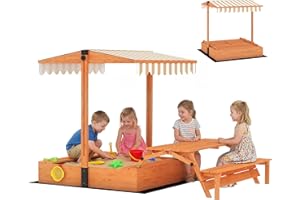 Qaba Kids Sandbox with Canopy, Wooden Sand Box with Foldable Picnic Table, Bench Seats, Bottom Liner, Outdoor Sand Pit with C