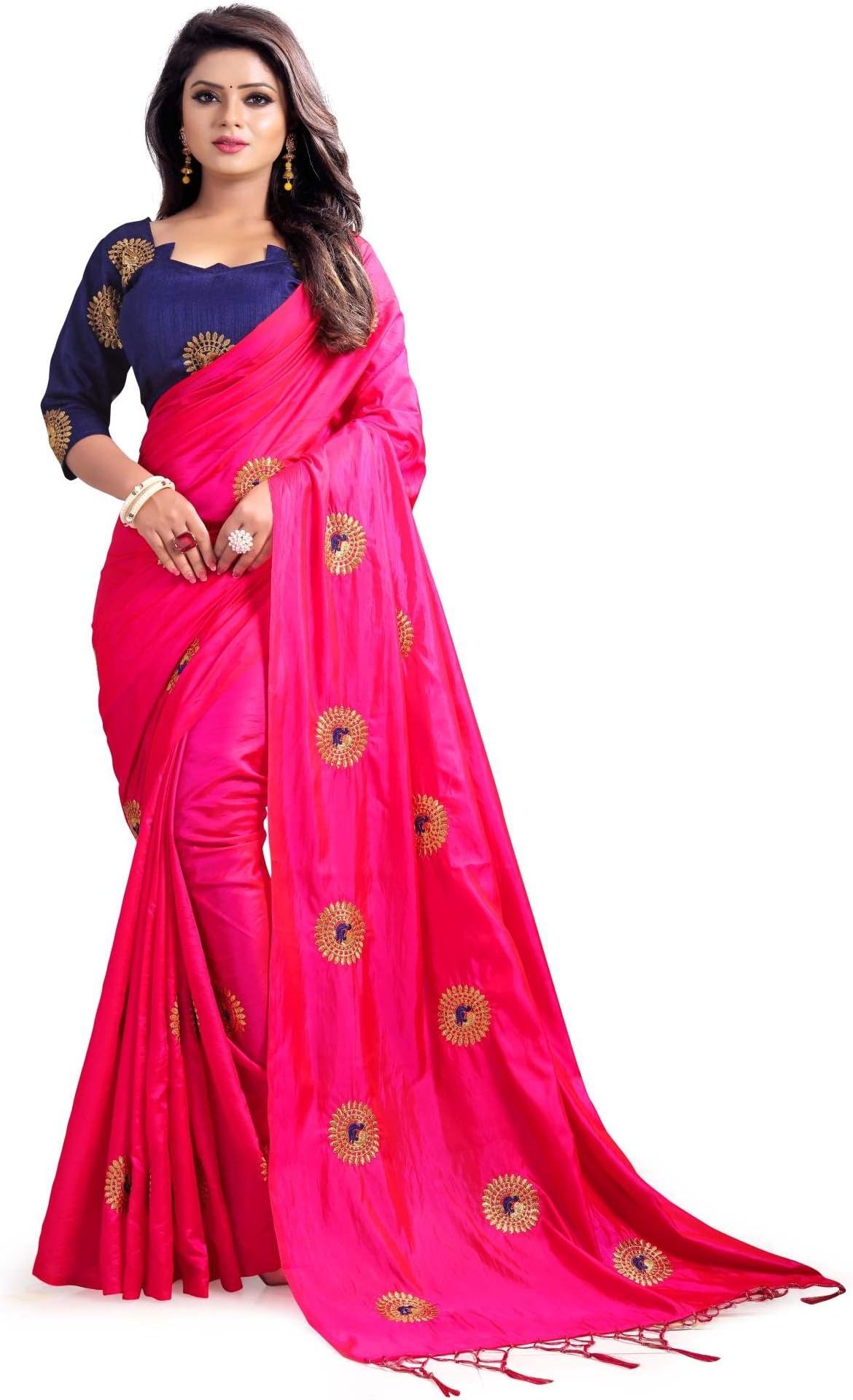 Kuvarba Fashion Women's Silk Saree with Blouse Piece (3002.Pink, Pink)