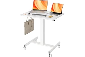 Claiks Mobile Standing Desk, Small Rolling Workstation With Wheels, Pneumatic Laptop Desk for Home Office With Hook, White