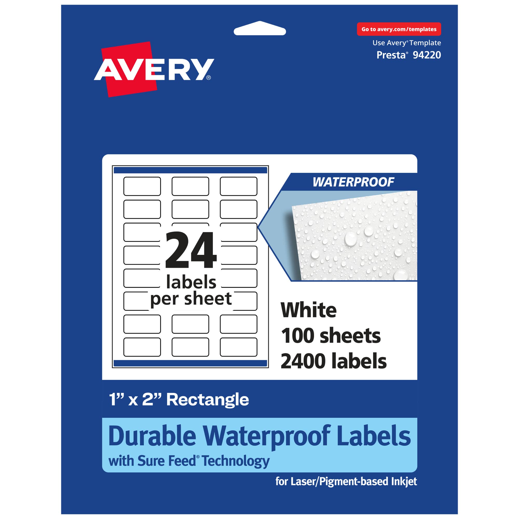 Avery Durable Waterproof Rectangle Labels, Sure Feed Technology, 1″ x 2″, 2,400 Total, Oil and Tear-Resistant Waterproof Labels, Print-to-The-Edge, Laser/Pigment-Based Inkjet Printable