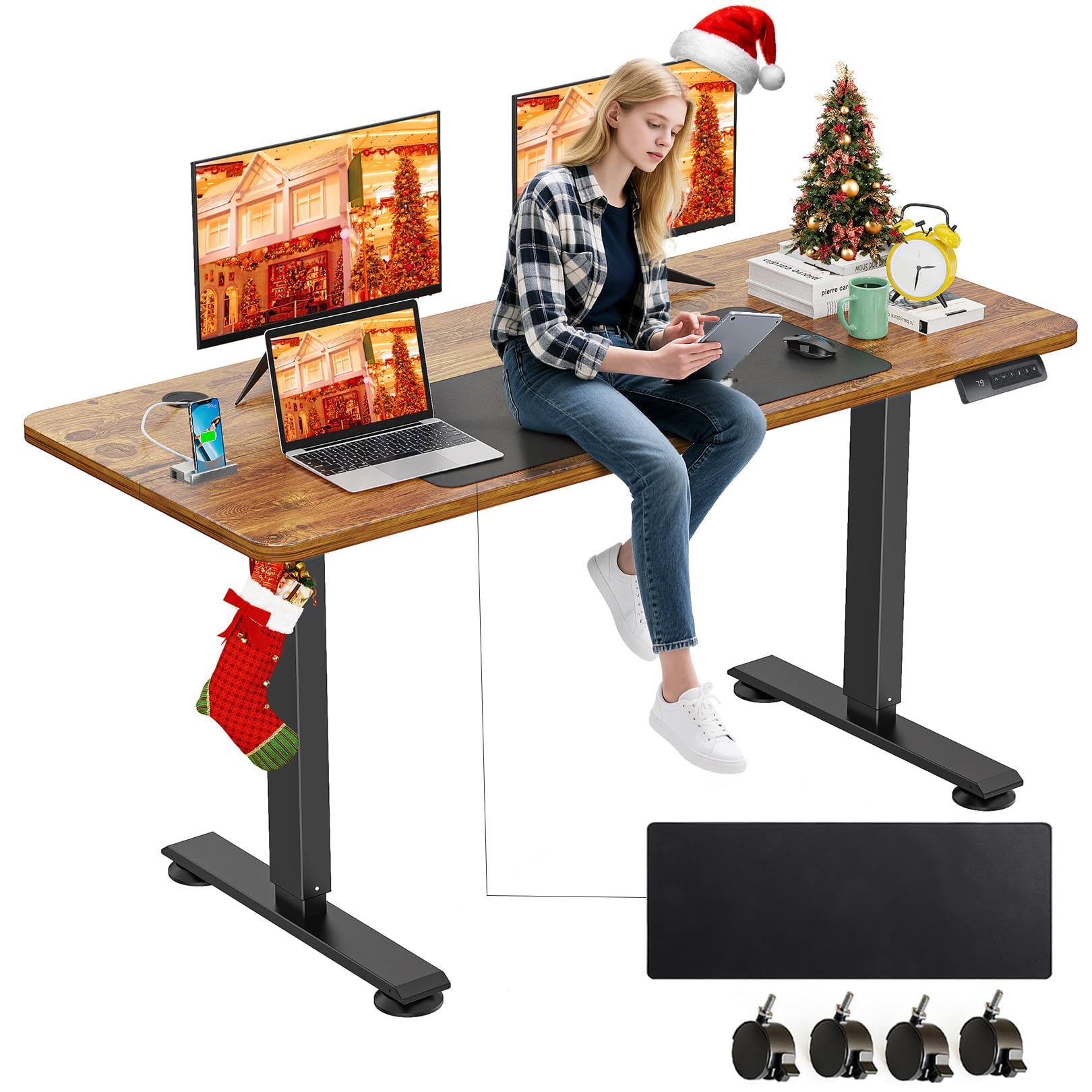 farexon 55 x 24 Inch Electric Standing Desk Adjustable Height, Sit-Stand Desk with Oversized Mouse Pad, Double Crossbeam Structure, Four Preset Heights, 27''-45'' Lifting Range Stand up Desk