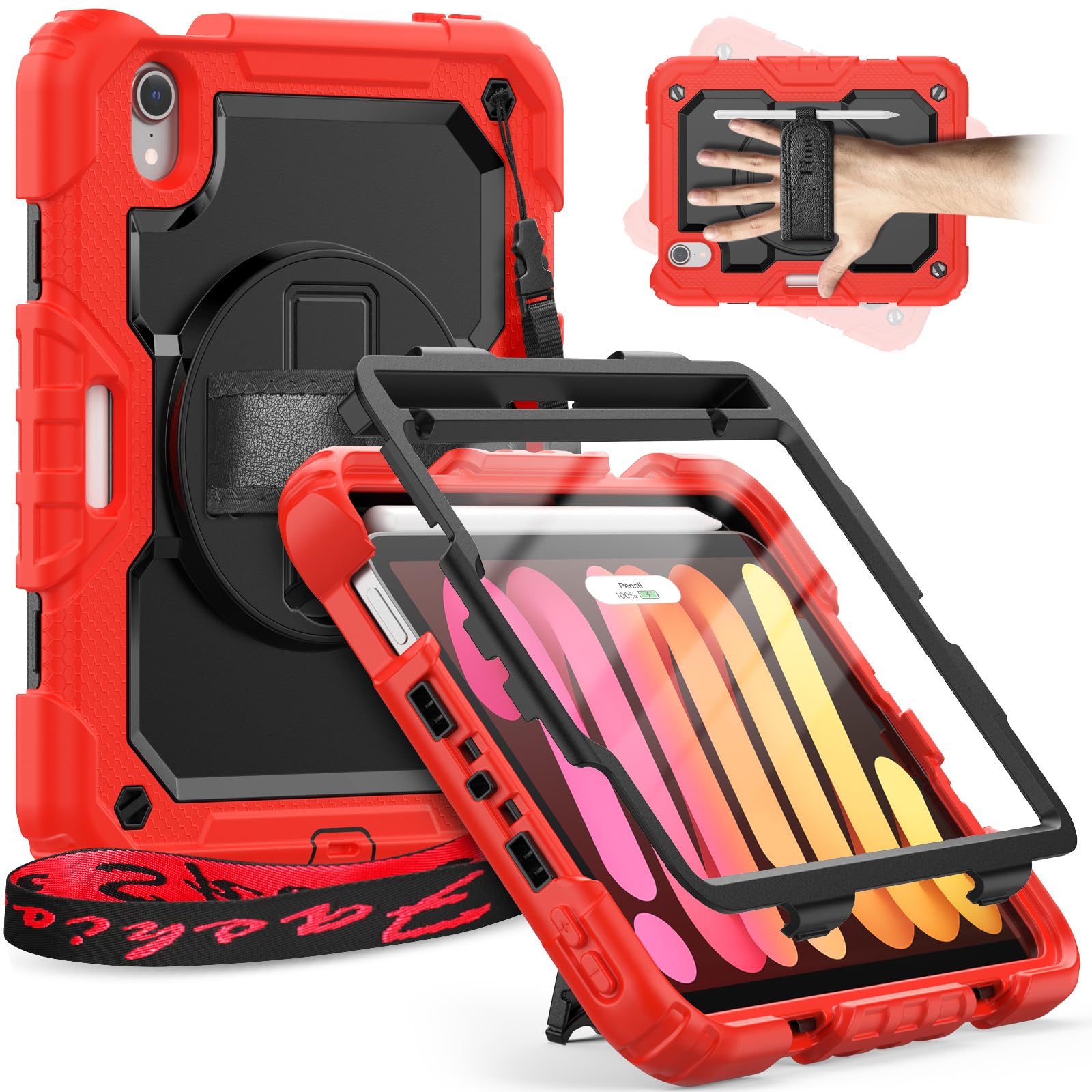 Timecity For iPad Mini (A17 Pro) 7/6 Case 8.3 Inch 2024/2021 - Heavy Duty Protective Cover with Screen Protector, Stand, Strap & Pencil Holder | Kids-Friendly, for iPad Mini 7th/ 6th Gen Case, Red