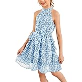 Imily Bela Girls Floral Ruffle Dress Halter Neck Kids Chiffon Summer Party Dress with Belt
