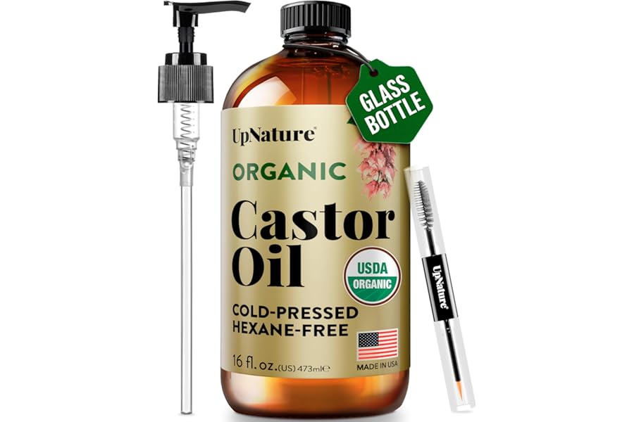 UpNature Organic Castor Oil in Glass Bottle (16 oz) 100% Pure Cold Pressed Unrefined Castor Oil for Hair Skin Face (Hexane Free)