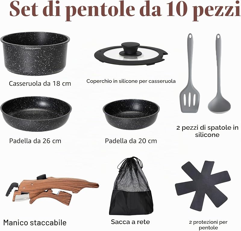 Set di Pentole da 10 Pezzi, con Manico Rimovibile, Nero