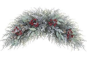U'Artlines Christmas Swag Artificial Frosted Decorative Swag Front Door Wreath with Red Berry Pine Cones for Xmas Holiday Home Decor (27.5" Frost White)