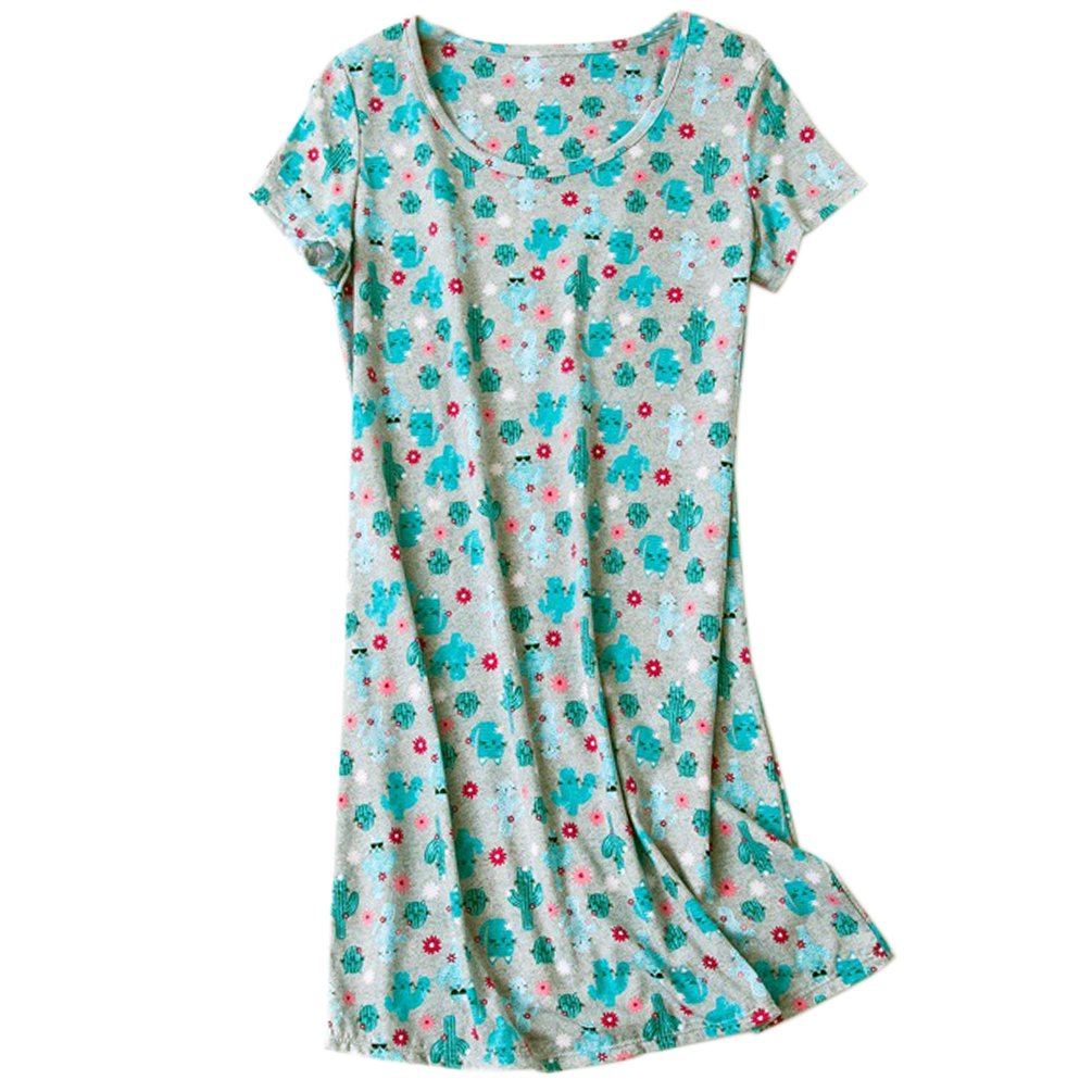 ENJOYNIGHT Womens\' Short Sleeve Nightgown Print Sleep Dress Cute Sleepwear (Large, Cactus-Cat)