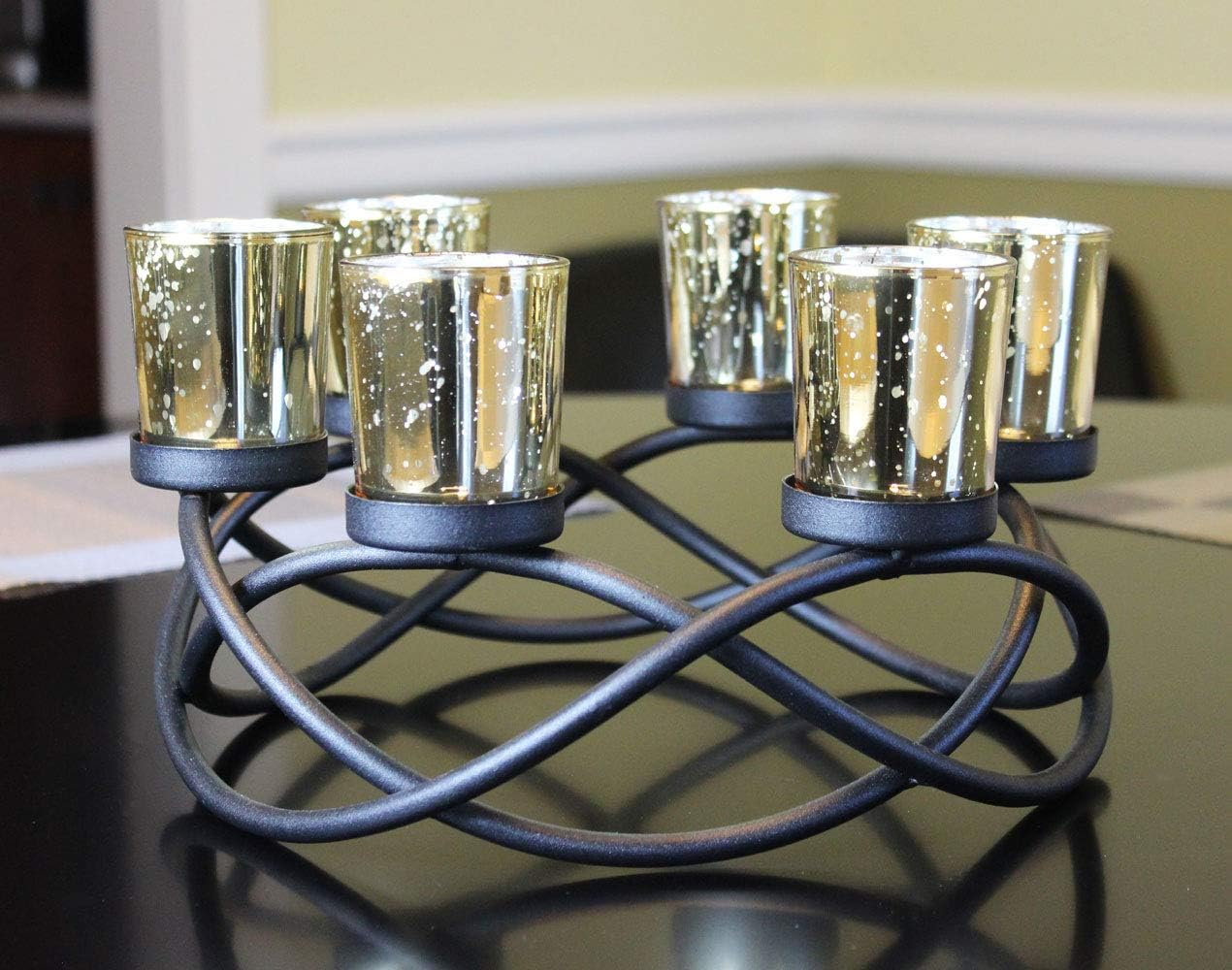 Seraphic Centerpiece Table Tealight Candle Holder for Living Room Decor, Black, Gold Glass Votive 6 Cups