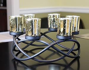 Seraphic Centerpiece Table Tealight Candle Holder for Living Room Decor, Black, Gold Glass Votive 6 Cups