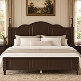 berawary Dark Walnut Wood Bed Frame Queen Size with Wave Shaped Headboard | Vintage Wooden Platform Bed Frame with Wood Slats Support, Retro Style Queen Beds for Kids Adults Toddler, Easy Assembly