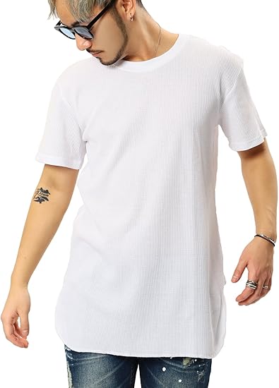 Amazon Jiggys Shop サーマル Tシャツ メンズ ロング丈 サイドスリット ワッフル カットソー 無地 半袖 Xl Hホワイト Tシャツ カットソー 通販