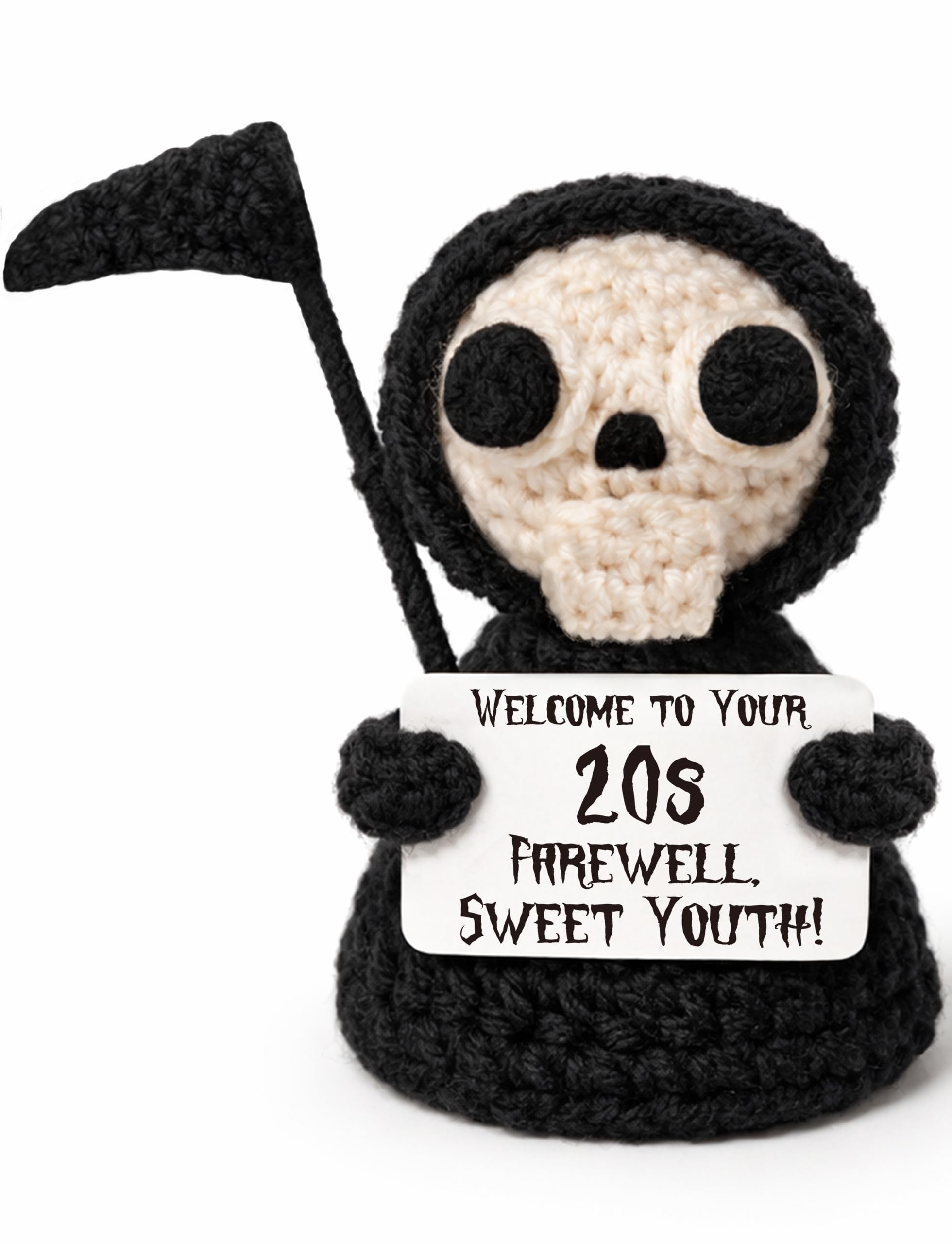 Frabaca Funny 20th Birthday Gift – Handmade Crochet Grim Reaper Plush with Dark Humor Message – Spooky Cute Milestone Keepsake for Halloween, Friends, Coworkers, Brothers, Sisters