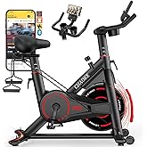 CHAOKE Exercise Bike, Quiet Adjustable Magnetic Stationary Bike for Home Cardio with App Compatible, 350LB Weight Capacity Indoor Cycling Bike with Large Seat, Dumbbell Rack, Pull Cords & LCD Display