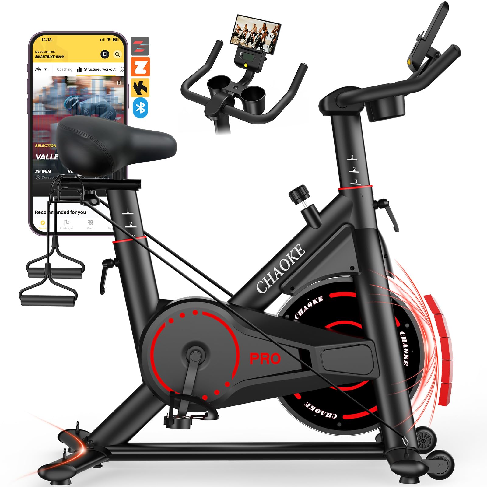 CHAOKE Exercise Bike, Quiet Adjustable Magnetic Stationary Bike for Home Cardio with App Compatible, 350LB Weight Capacity Indoor Cycling Bike with Large Seat, Dumbbell Rack, Pull Cords & LCD Display Image