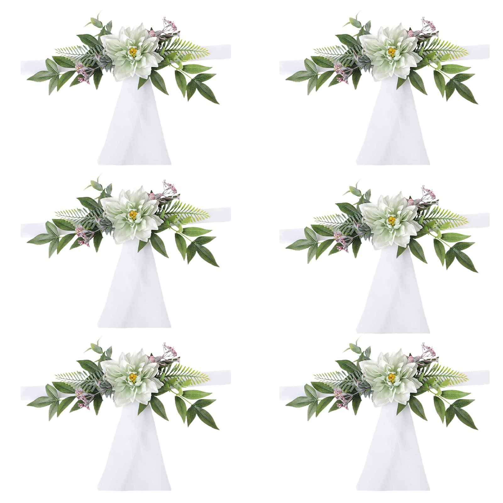 Mokylor Set of 6 Wedding Aisle Decorations for Wedding Ceremony, Pew Flowers for Church Chair Decorations Party Decor with Artificial Flowers Eucalyptus and 1.5 m Ribbons White