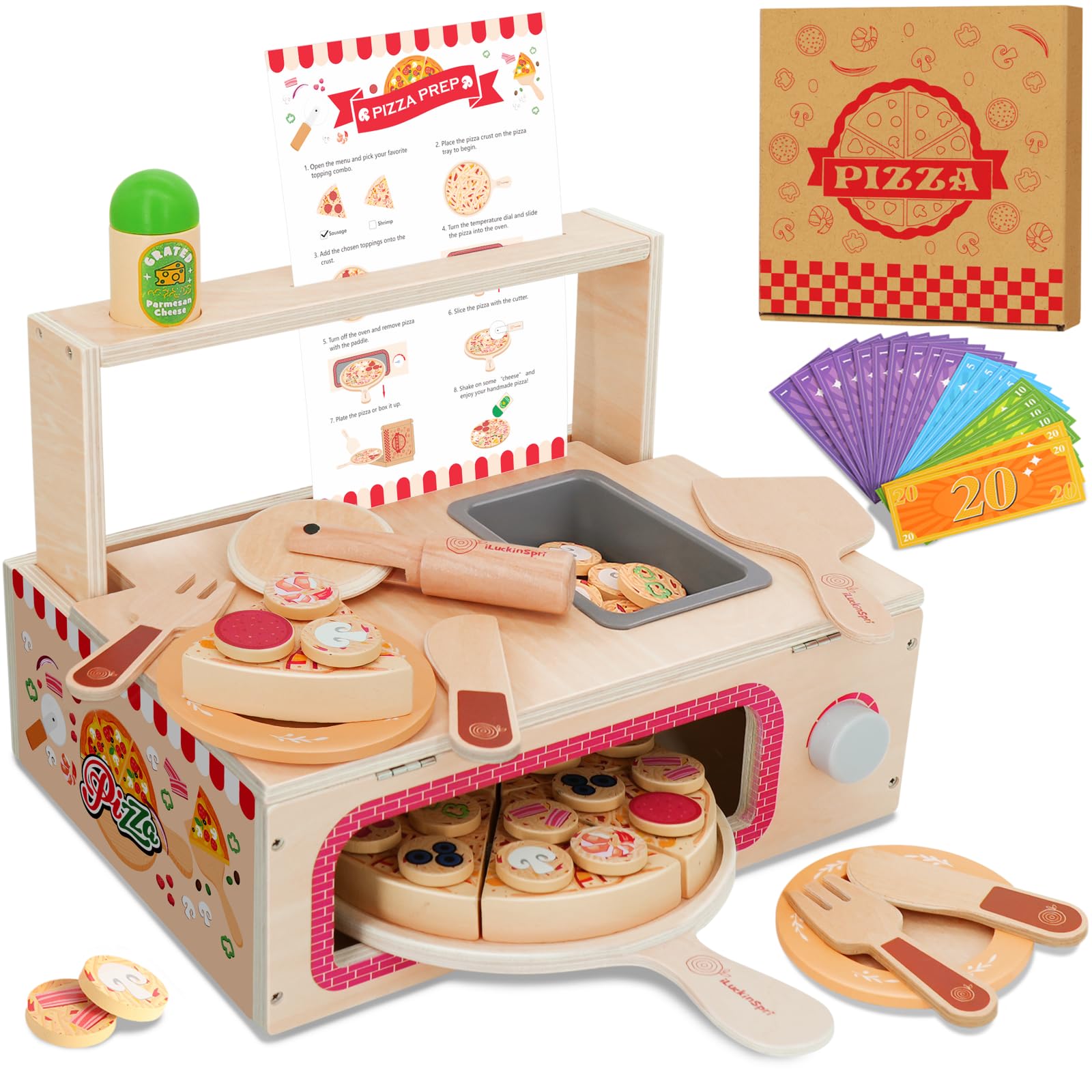 iLuckinSpri Wooden Pizza Toy Set for Kids, 68PCS Montessori Pretend Play Food Toys, Wooden Pizza Counter Playset with Bake Oven & Toy Dishes, Develop Imagination, for Boys & Girls Aged 3+