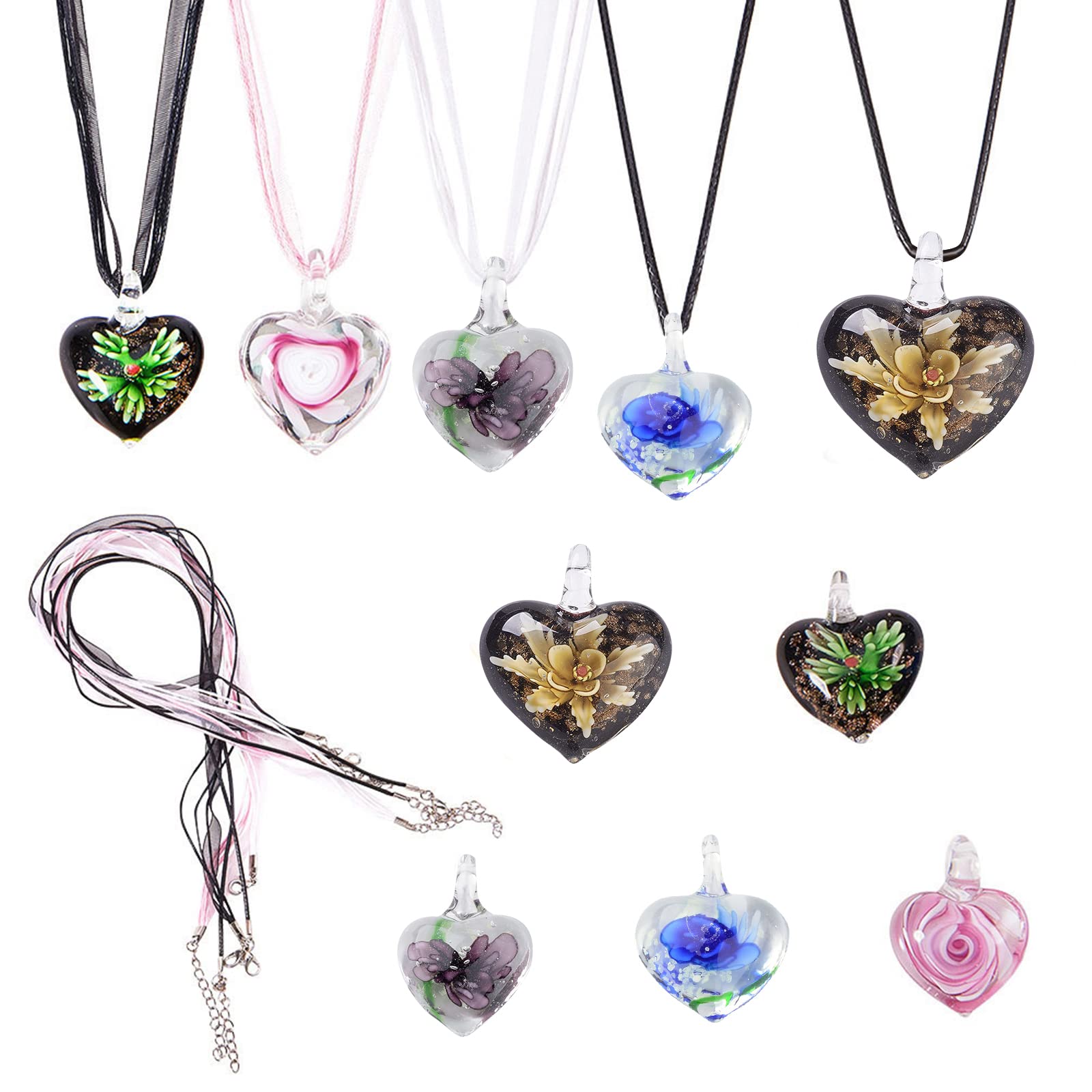 SUNNYCLUE 1 Set 5pcs Colorful Assorted Murano Lampwork Glass Pendant Necklace, 18" & 19" Organza Ribbon with Waxed Cord Necklace Clasp - DIY Make 5 Dolphin Heart Starfish Round Lampwork Necklace