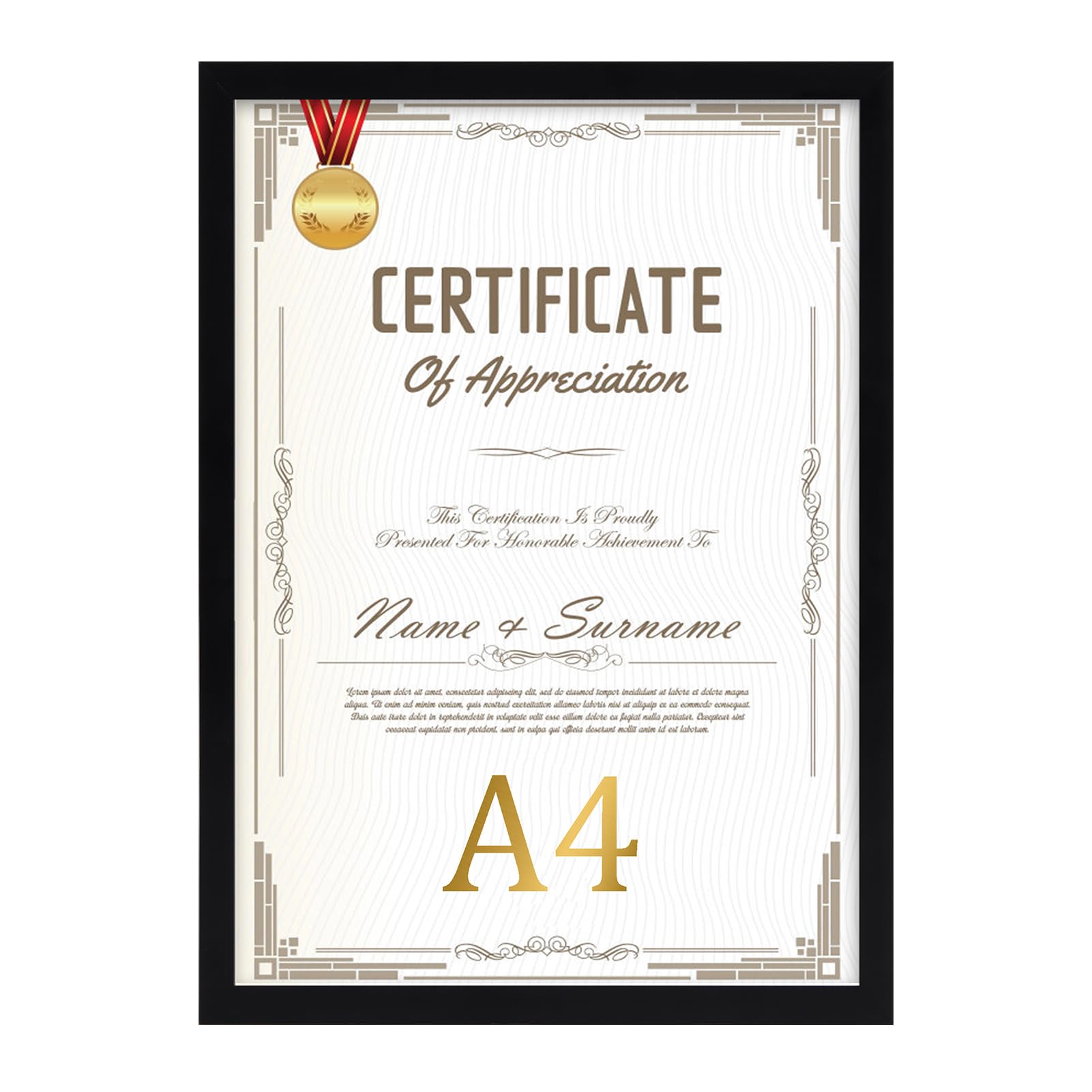EYMPEU Black A4 Picture Frame, Display Pictures 8x6 with Mat or A4 Without Mat, A4 Photo Frames with Stand for Certificates, Posters, Artwork on a Wall or Desktop- Single