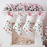 Arrowbash 4 Pack Boho Pom Pom Christmas Stocking 19 Inch Colorful Snowflake Embroidery Cable Knit Christmas Stocking Gifts Cream Xmas Tree Decoration for Family Home Festive Holiday Party Supplies