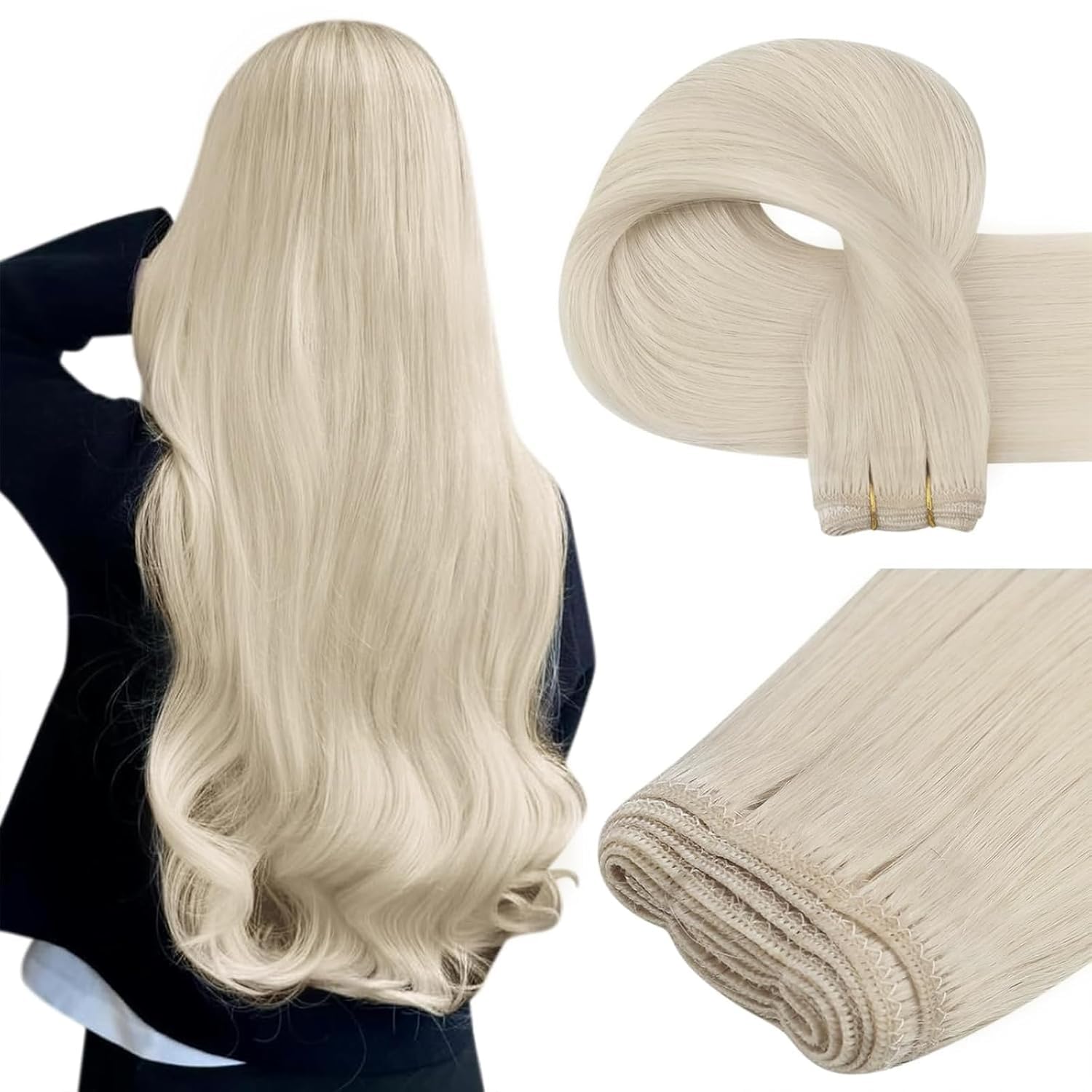 Easyouth Weft Hair Extensions Real Human Hair White Blonde Weft Extensions Human Hair Blonde Sew in Hair Extensions Real Human Hair Weft 16 Inch 100g