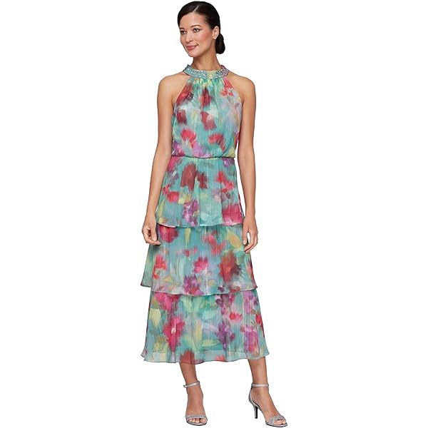 S.L. Fashions Women's Midi Sleeveless Printed Dress with Ruched Waist and  Tiered Skirt, Wedding Guest, Party Dress, Black Multi, 8 at Amazon Women's  Clothing store