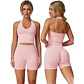 ABOCIW Workout Sets for Women 2 Piece Seamless Halter Cropped Tank Scrunch Butt Lifting High Waist Shorts Gym Sets
