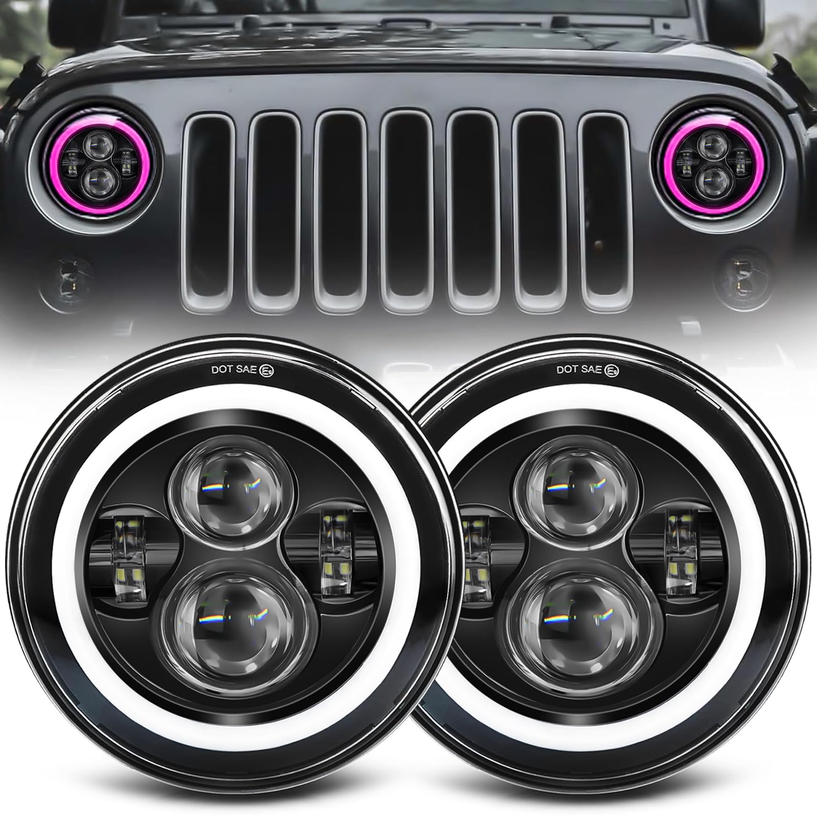 Photo 1 of ZIMABLUE 7 inch Led Headlights Round Pink Purple Halo led H6024 Headlight With Hi/Lo Beam DRL Amber Turn Signal Compatible With Jeep Wrangler JK TJ CJ LJ Compatible With Chevy Ford GMC Dodge&Mazda ect