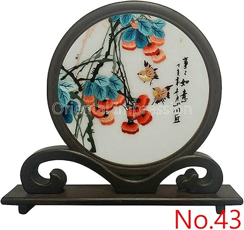 Amazon Com 56 Types Suzhou Handmade Double Sided Embroidery Platform Screen Chinese Carved Wooden Table Desk Screen Ornament Circular Frame Style B Business Gift Meeting Gifts Culture Gift Souvenir 52
