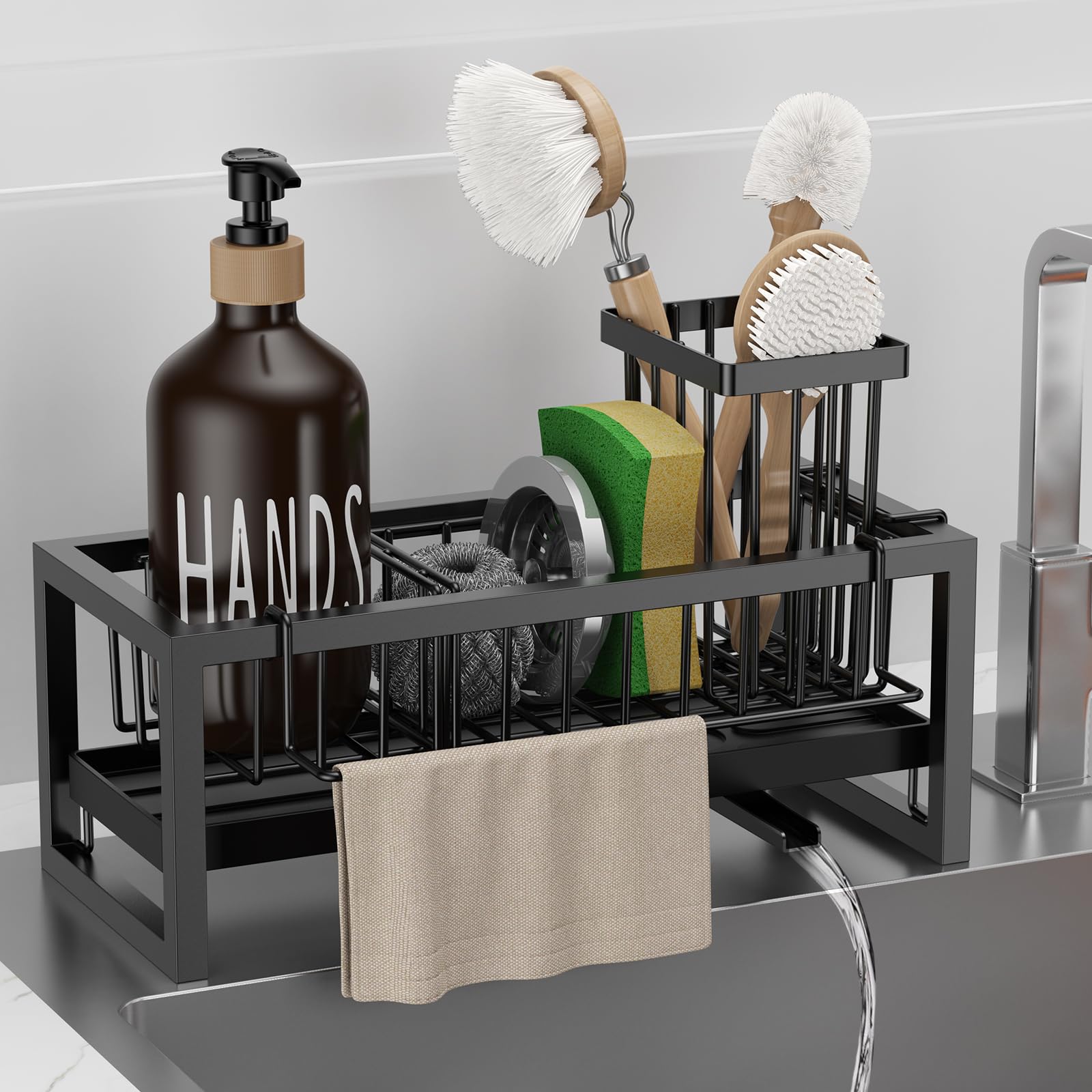 Photo 1 of **FOR PARTS ONLY DAMAGED (BROKEN ) ASSEMBLY PIECE*** Bntuk Kitchen Sink Caddy Organzier with Towel and Brush Holder, Self-Draining Sponge Holder Caddy for Soap, Scrubber, Towel, Brush, Apartment RV Essential(Black)