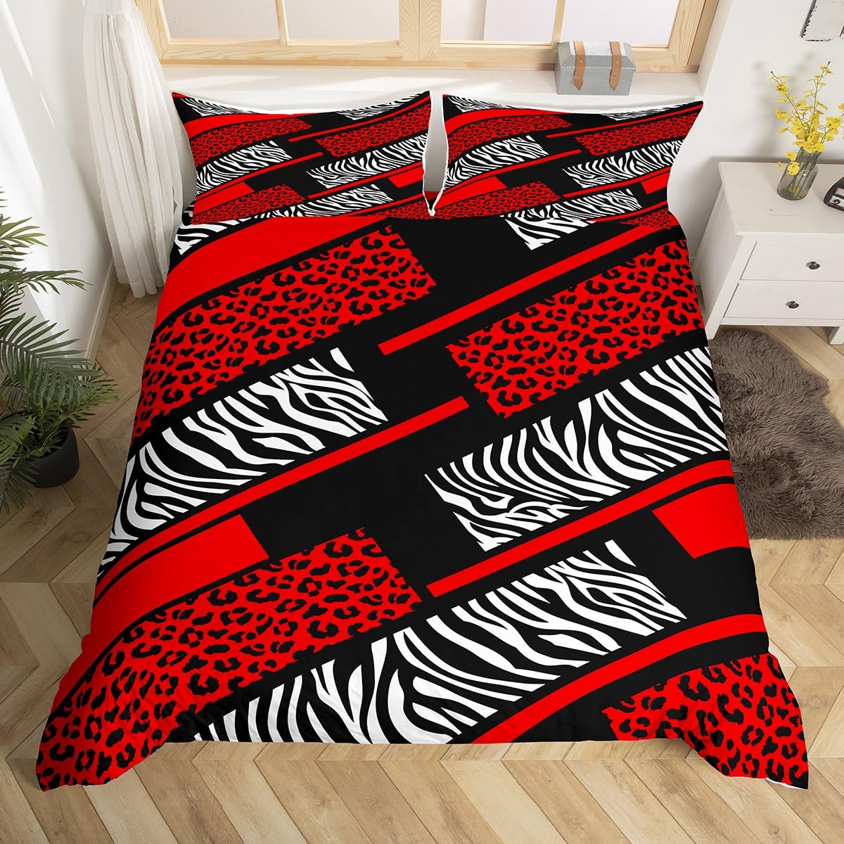 Manfei Leopard Zebra Kids Duvet Cover Set Double Size, Red Cheetah Print Bedding Set for Boys Girls Bedroom Decor, Black White Zebra Striped Comforter Cover, Animals Skin Quilt Cover, 2 Pillowcases