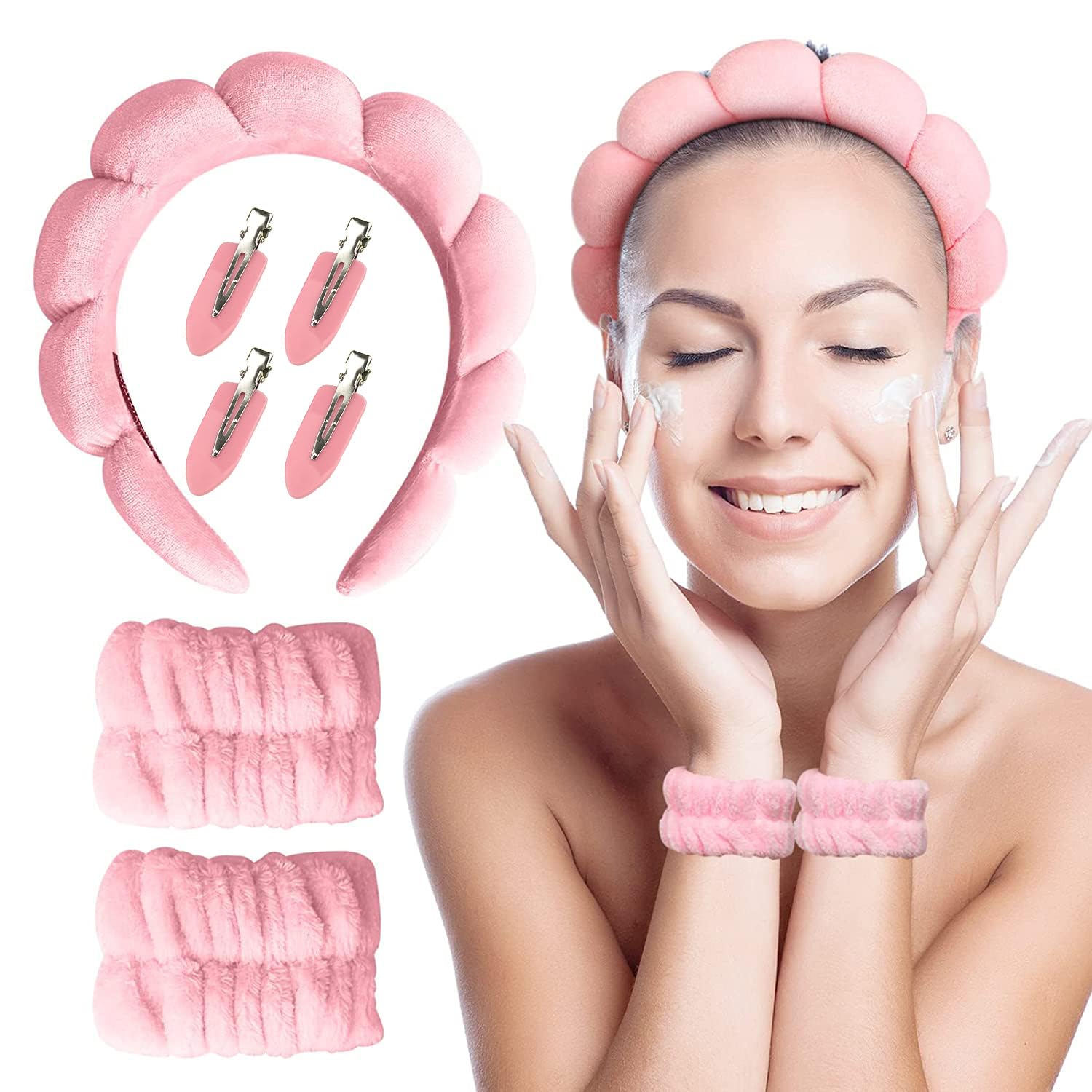 7Pack Spa Headband for Washing Face Makeup Bubble Skincare Headband for Women Make Up Skin Care Wash Wristbands Hairpin Set Pink for Face Washing Makeup Removal Shower Facial Mask