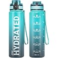 Sahara Sailor Water Bottle 32oz, Durable and Leakproof Water Bottles Motivational with Time Marker, Tritan, BPA Free, Wide Mouth with Easy Clean Brush for Gym, Travel, Home, School, Office (1 Bottle)