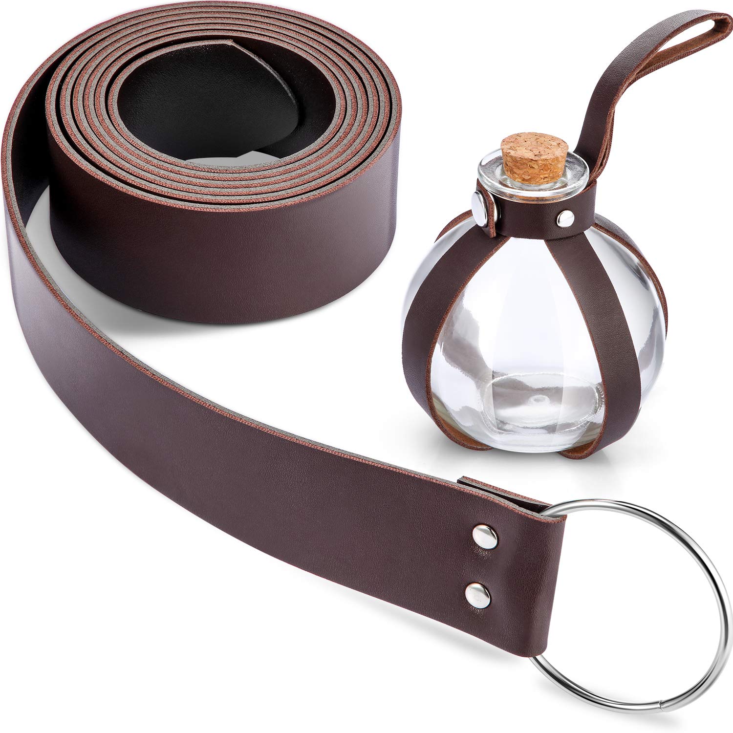 Halloween Dark Magic Cork Potion Round Spherical Clear Glass Bottle with Medieval Knight Leather Belt for Costume Props DIY Crafts and Decorative Bottles, 200 ml