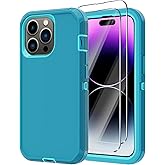Annymall for iPhone 14 Pro Case with 2 Screen Protector, Heavy Duty Drop Protection Shockproof Full Body 3-Layer Military Rugged Durable Protective Cover for Apple iPhone 14 Pro 6.1" (Lake/Sky Blue)
