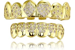 JINAO Grillz for Men – Poker Design｜Grills for Your Teeth｜14K Gold Plated Iced Out｜Fake Teeth Grillz for Women Gothic Costume Jewelry Accessories