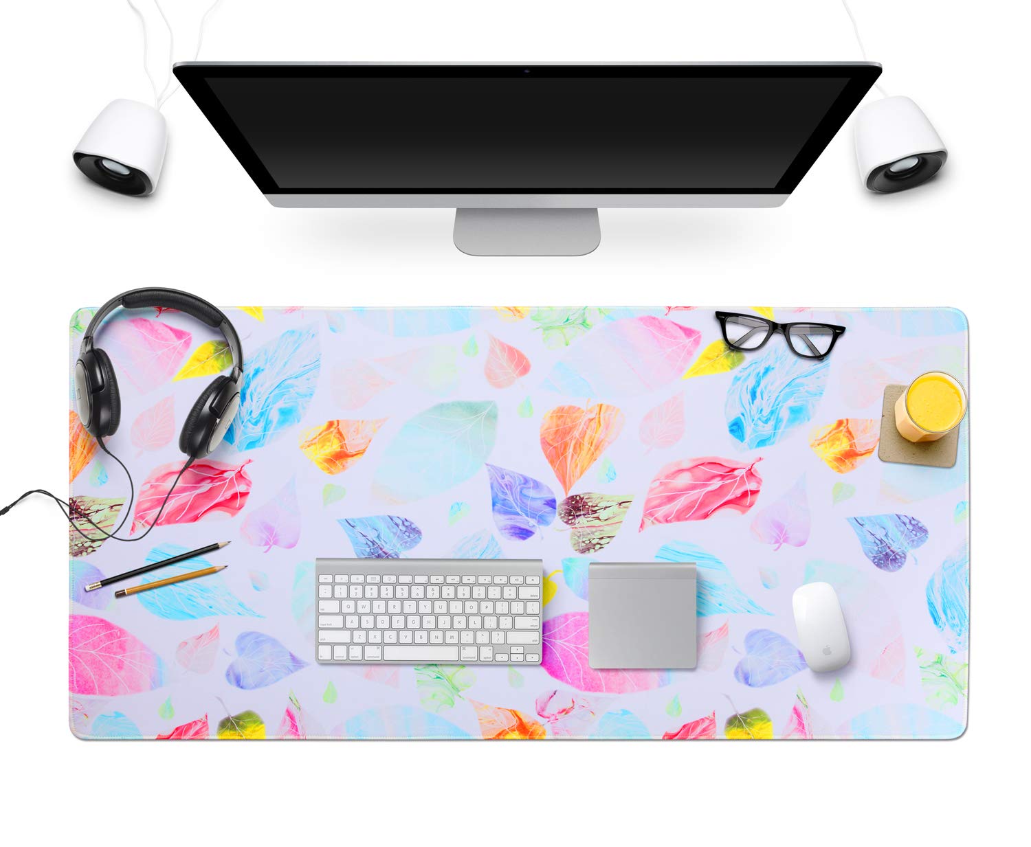 Large Gaming Mouse Pad Extended MousePads Keyboard Pad Water-Resistant Desk Pad, Full Desk Writing Mat with Non-Slip Stitched Edges XXL-Leaves Design