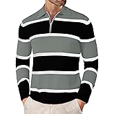 EDITCOZY Men Long Sleeve Polo Shirts Casual Vintage Striped Golf Shirts Knit Rugby Shirt Lightweight Polo Sweater Grey L