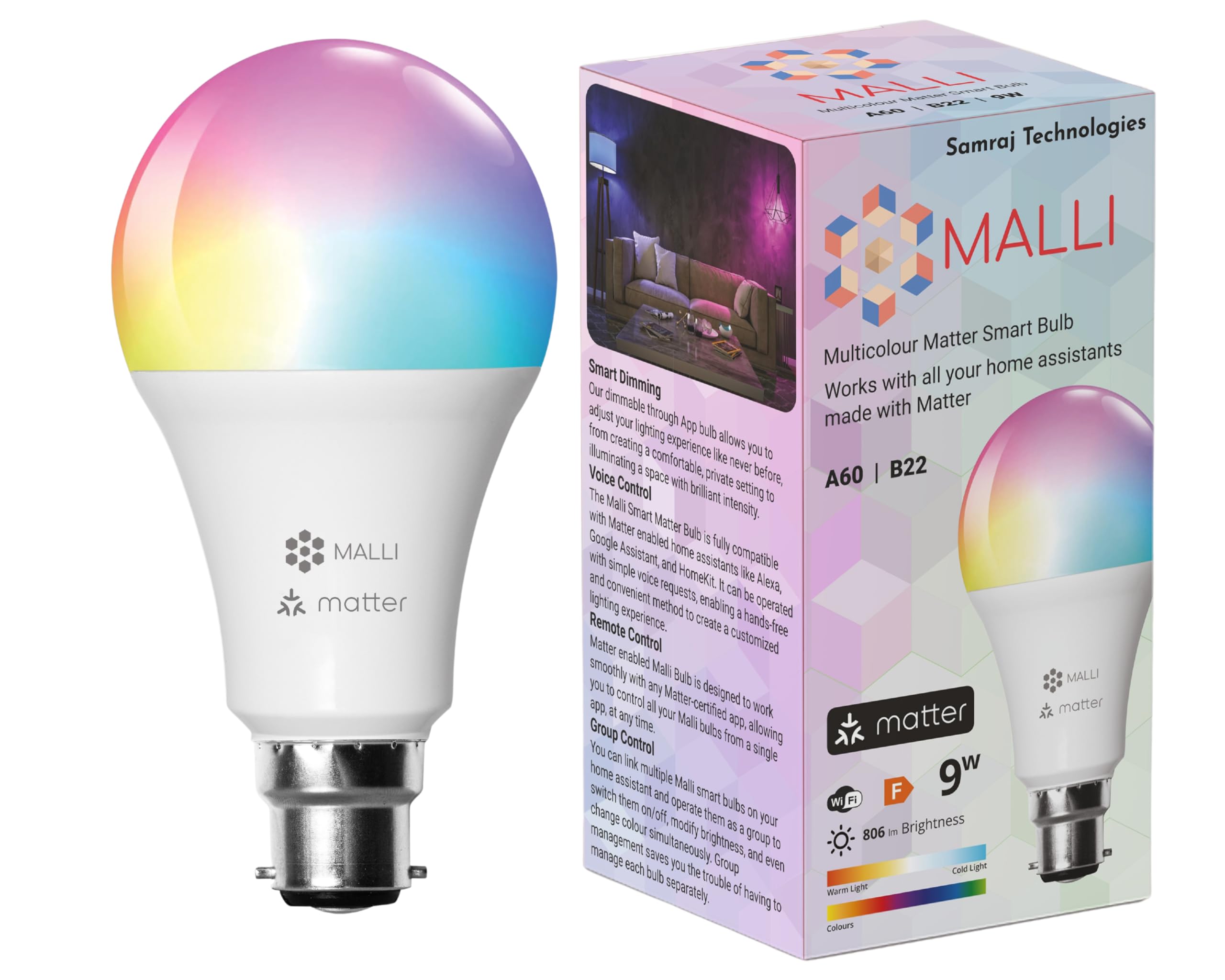 Samraj Technologies MALLI Smart LED Light Bulb Made with Matter for Color and White Temperature Control, Works with Matter Home Systems, Brightness and Color Adjustable(Needs Hub)
