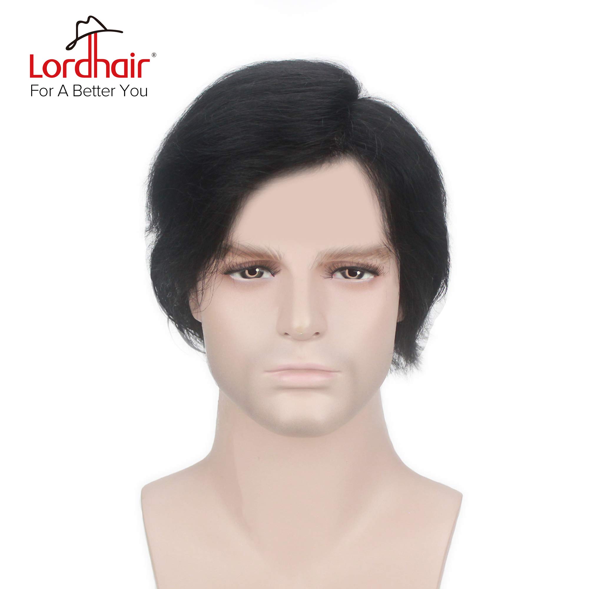 Lordhair Human Hair Mens Toupee 1 Jet Black Hair Replacement