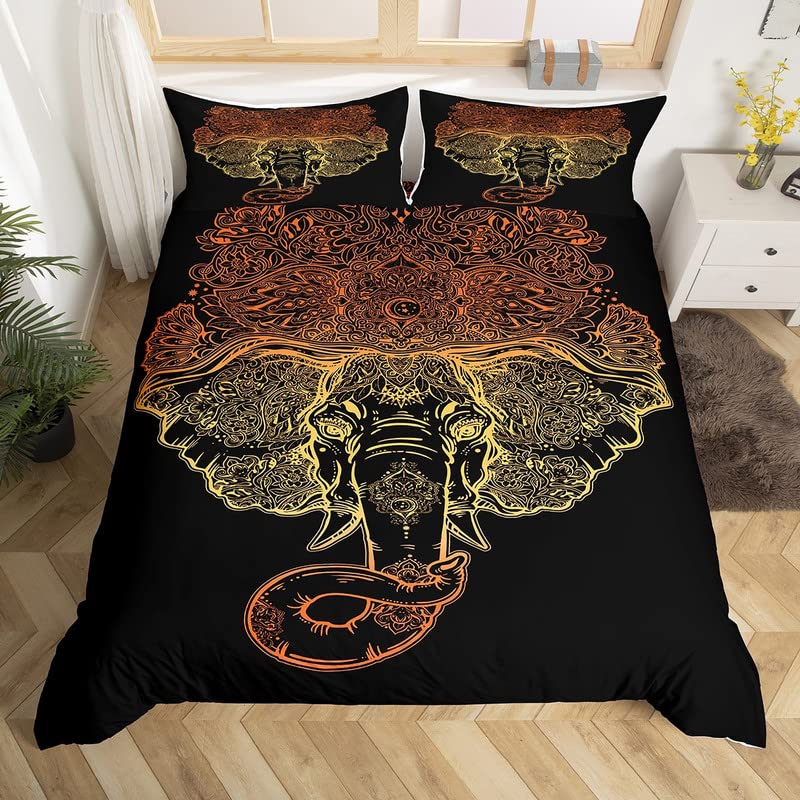 Homemissing Elephant Duvet Cover Boho Exotic Style Bedding Set for Kids Boys Girls 6D Wild Animal Pattern Comforter Cover Ethnic Elephant Print Bedspread Cover 3Pcs Zipper King