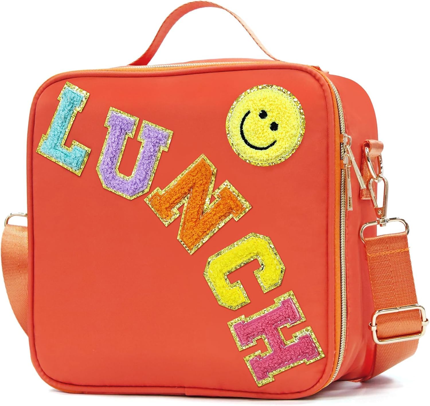 IDAHSOR Insulated Lunch Bag Women Lunch Box Kids for Teen Girls Boys, Cute Preppy Lunch Boxes with Adjustable Shoulder Strap, Waterproof Nylon Lunchbox Lunch Bags for School Work Picnic (Orange)