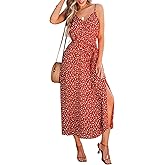 CUPSHE Women's Summer Beach Dress Ditsy Floral Spaghetti Strap Waist Tie Side Slit Midi Dresses