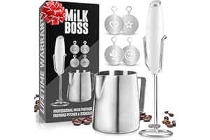 Milk Boss Milk Frother for Coffee Complete Set Coffee Gift With Upgraded Ultra Stand - Handheld Foam Maker - Whisk Drink Mixer for Coffee, Mini Hand Blender - Frother, Stencils & Frothing Pitcher