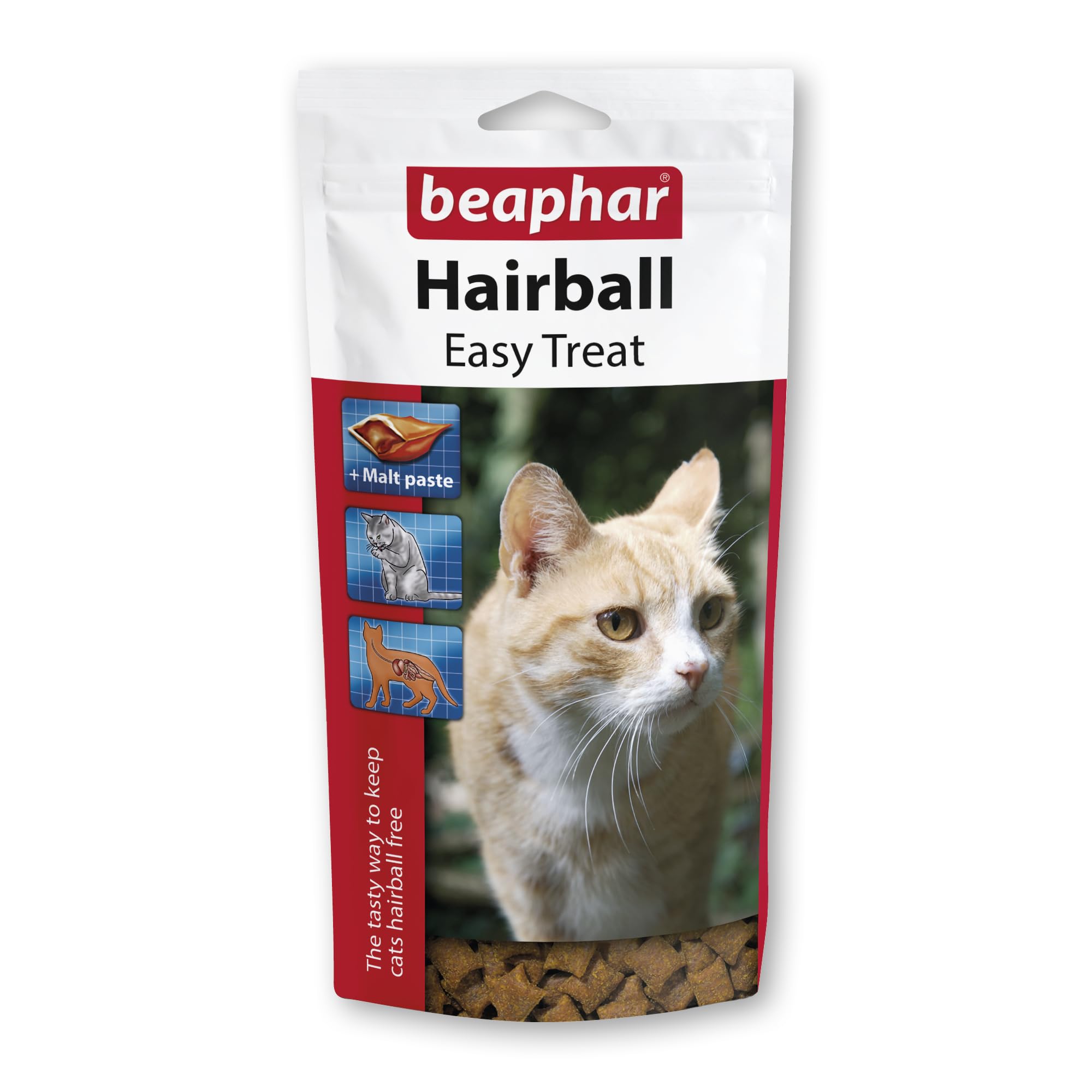 Beaphar – Hairball Easy Treats for Cats – Delicious Crunchy Treats With Oil-Rich Malt Paste to Aid the Passage of Hairballs Naturally - Resealable for Freshness – For Cats of All Ages & Breeds – 35g